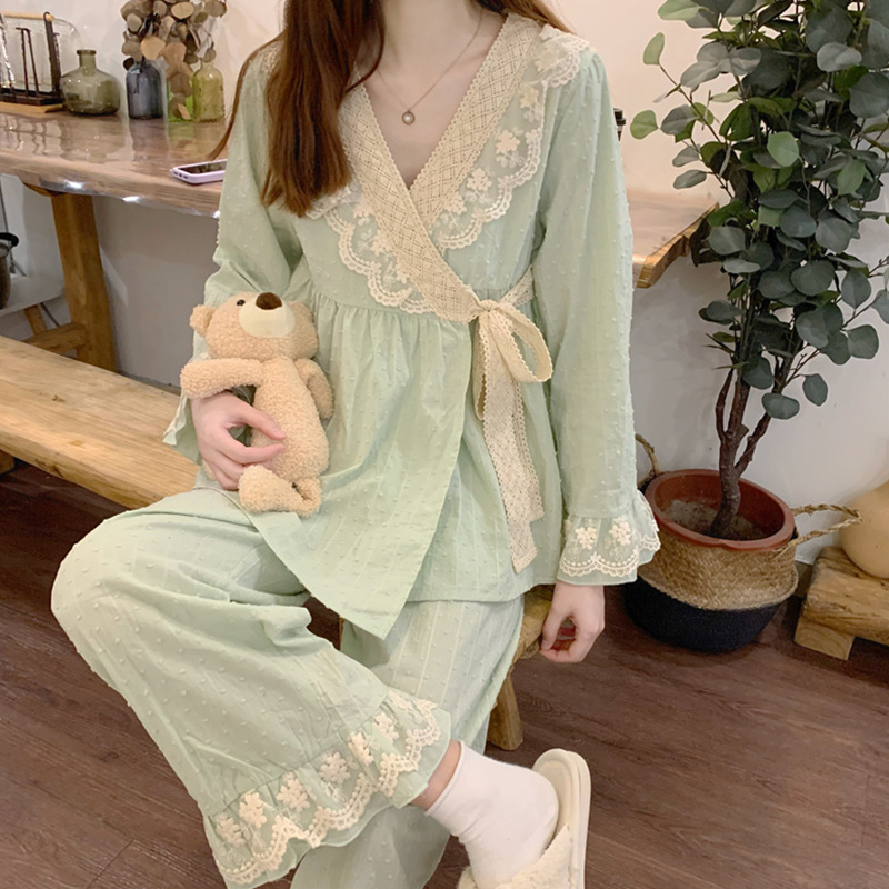 春秋宽松蕾丝睡衣女士宫廷春夏大码套装可爱复古和服家居服