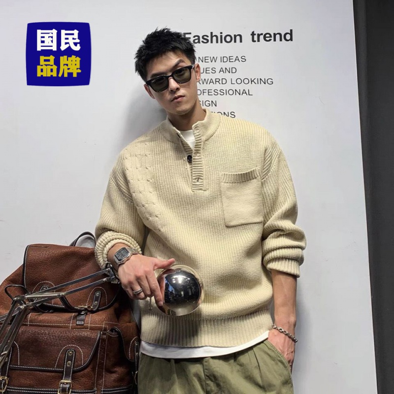 【韩范爆款】设计感小众polo领口袋毛衣男秋冬粗棒针线衣美式复