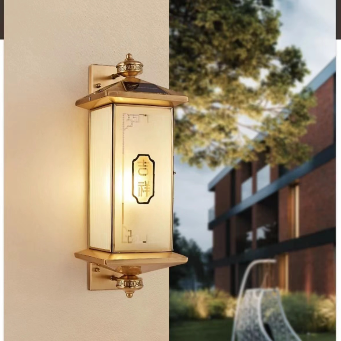 户外新中式黄铜壁灯阳台简约太阳能别墅防水室外走廊墙壁灯墙壁灯