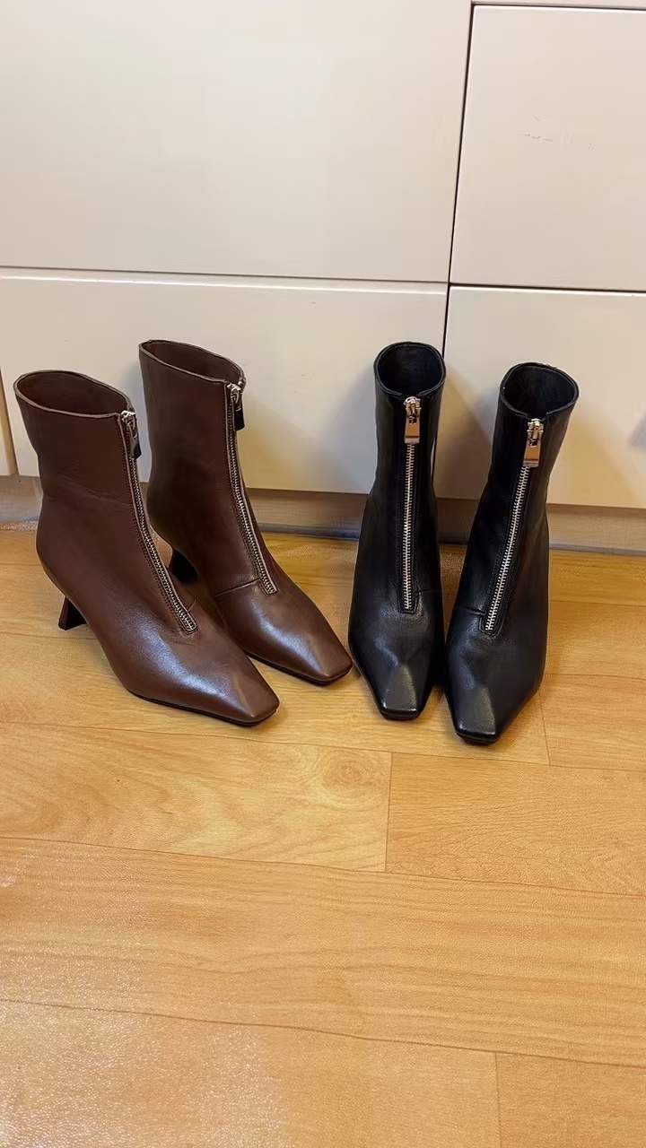 秋冬新款法式方头粗跟前拉链一鞋两穿时尚瘦瘦靴百搭