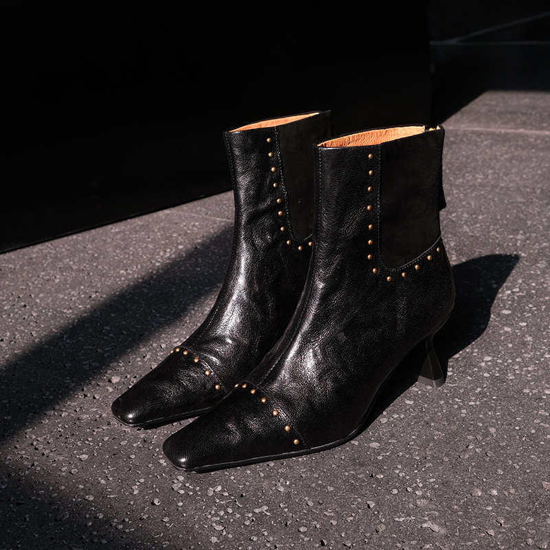 秋季新款手工真皮法式方头中跟黑色瘦瘦靴时尚百搭