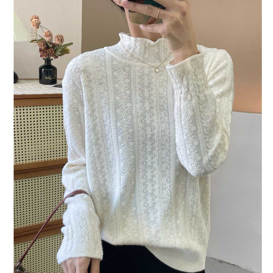 温柔半高领坑条提花针织毛衫打底衫别致长袖针织衫宽松镂空上衣