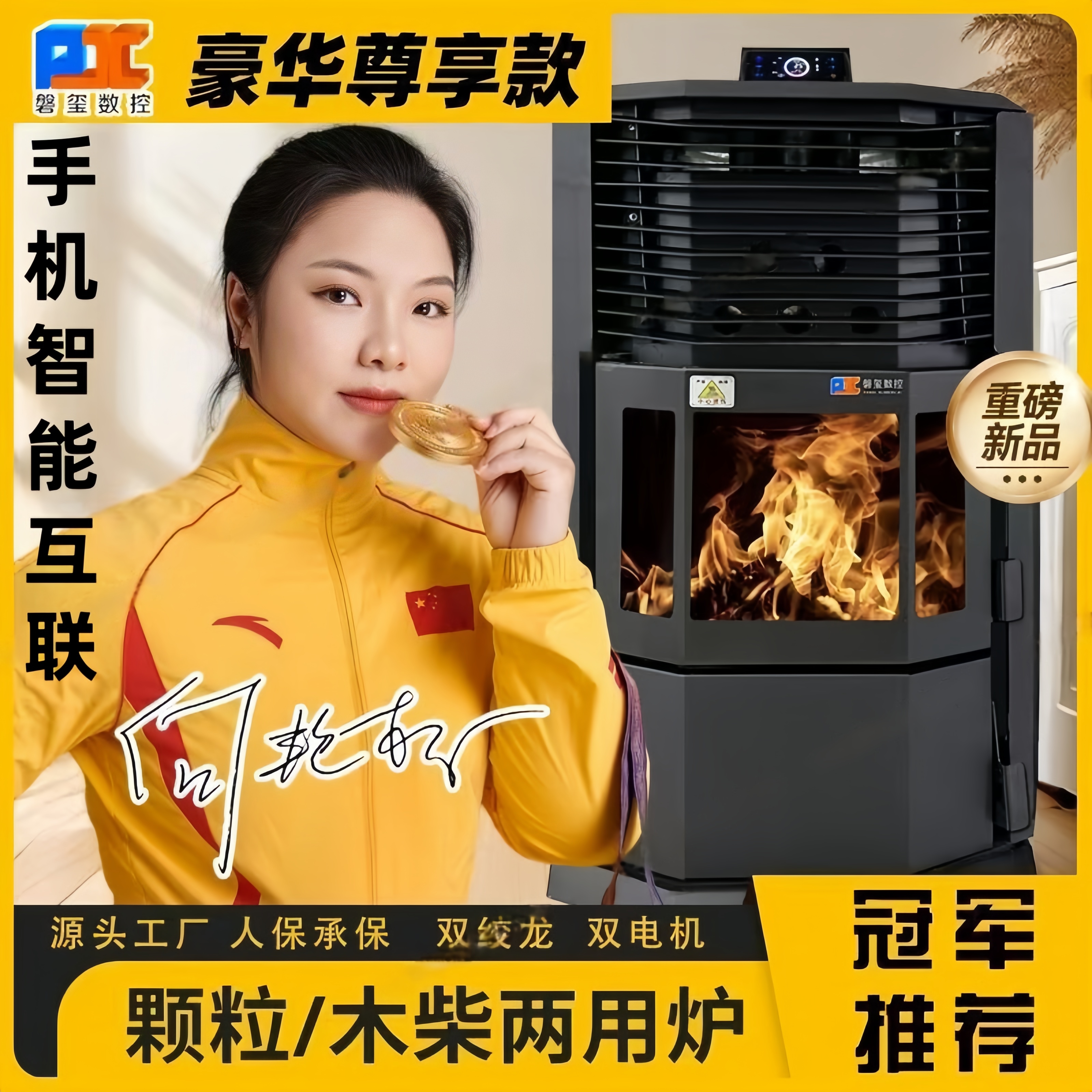 磐玺全自动智能无烟采暖炉联网供暖设备生物质颗粒木柴两用取暖炉
