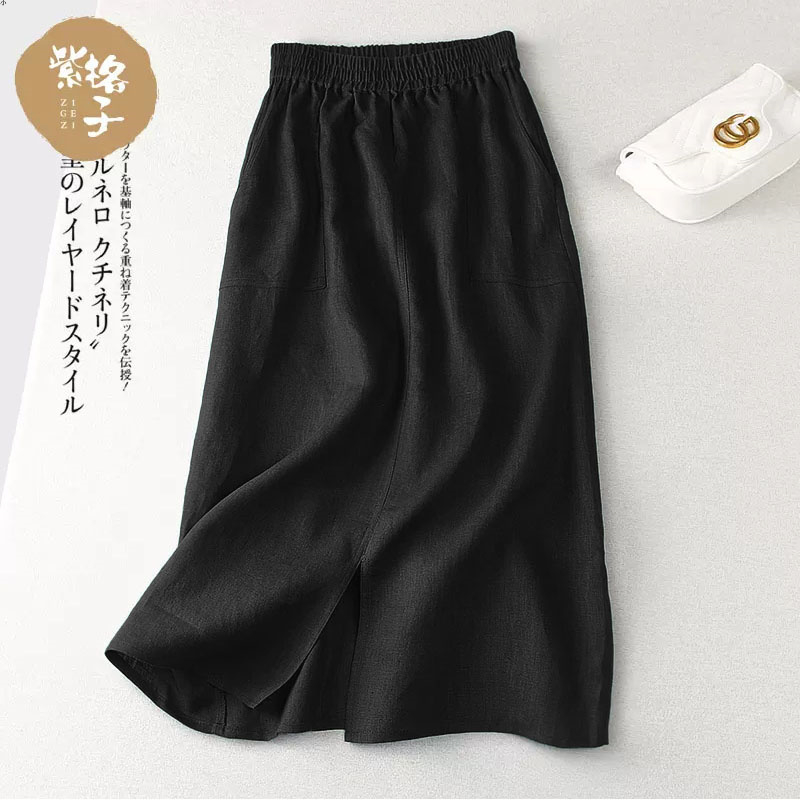 棉麻显瘦半身裙休闲A字裙裙子夏季宽松开叉中长款松紧腰大摆女裙~