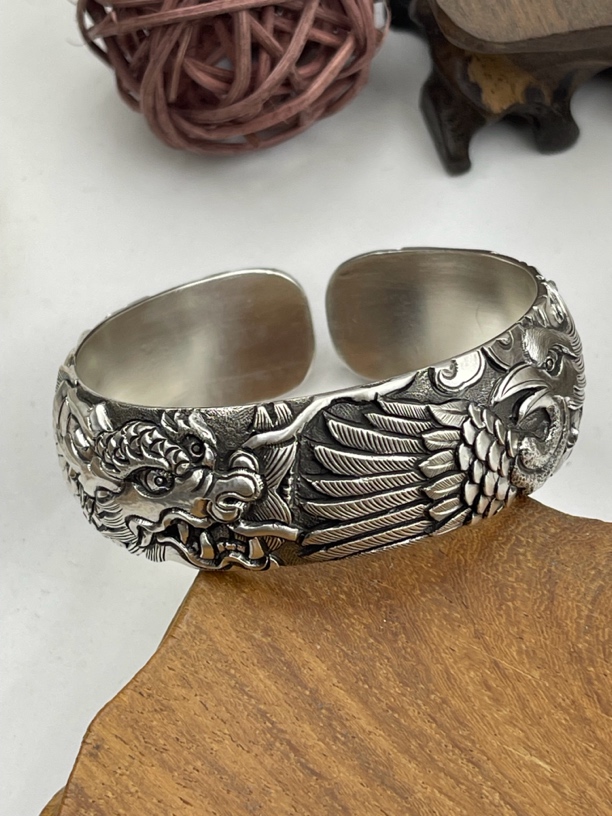 古丰 足银手镯 重工满雕龙凤呈祥手镯民族风纯手工高端大气男女款