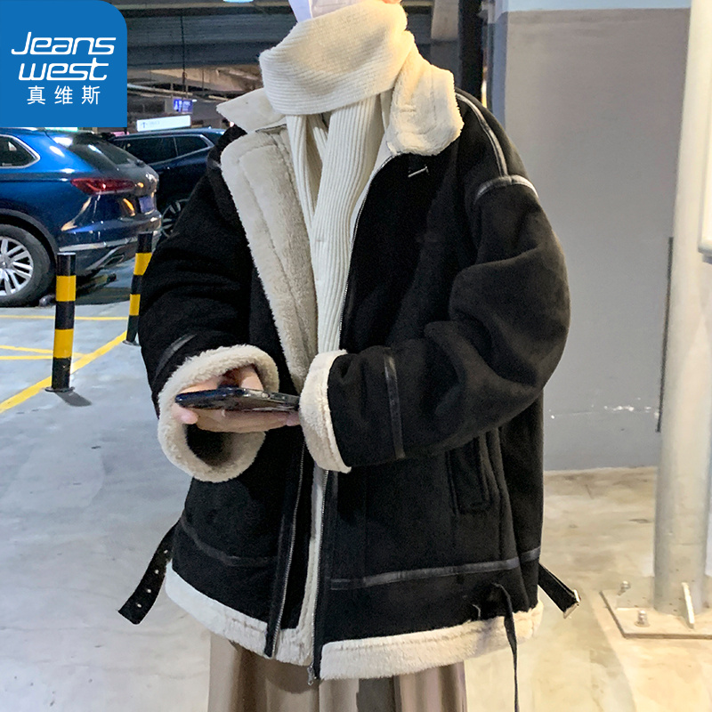 真维斯仿麂皮绒棉衣男冬季潮牌帅气宽松加厚棉服皮毛一体机车外套