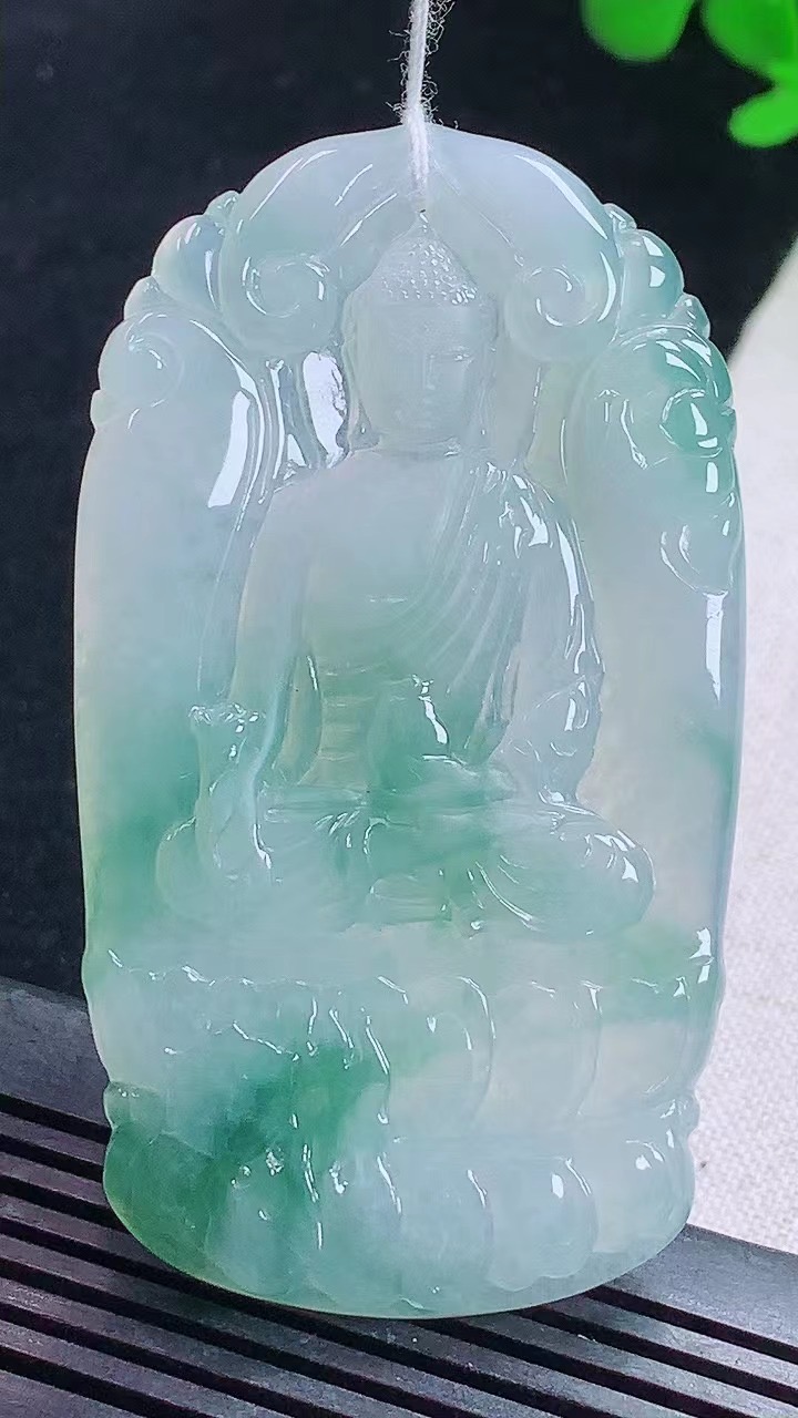 天然缅甸A货翡翠玉石老坑冰胶飘花阿弥陀佛吊坠本命佛配证wr272