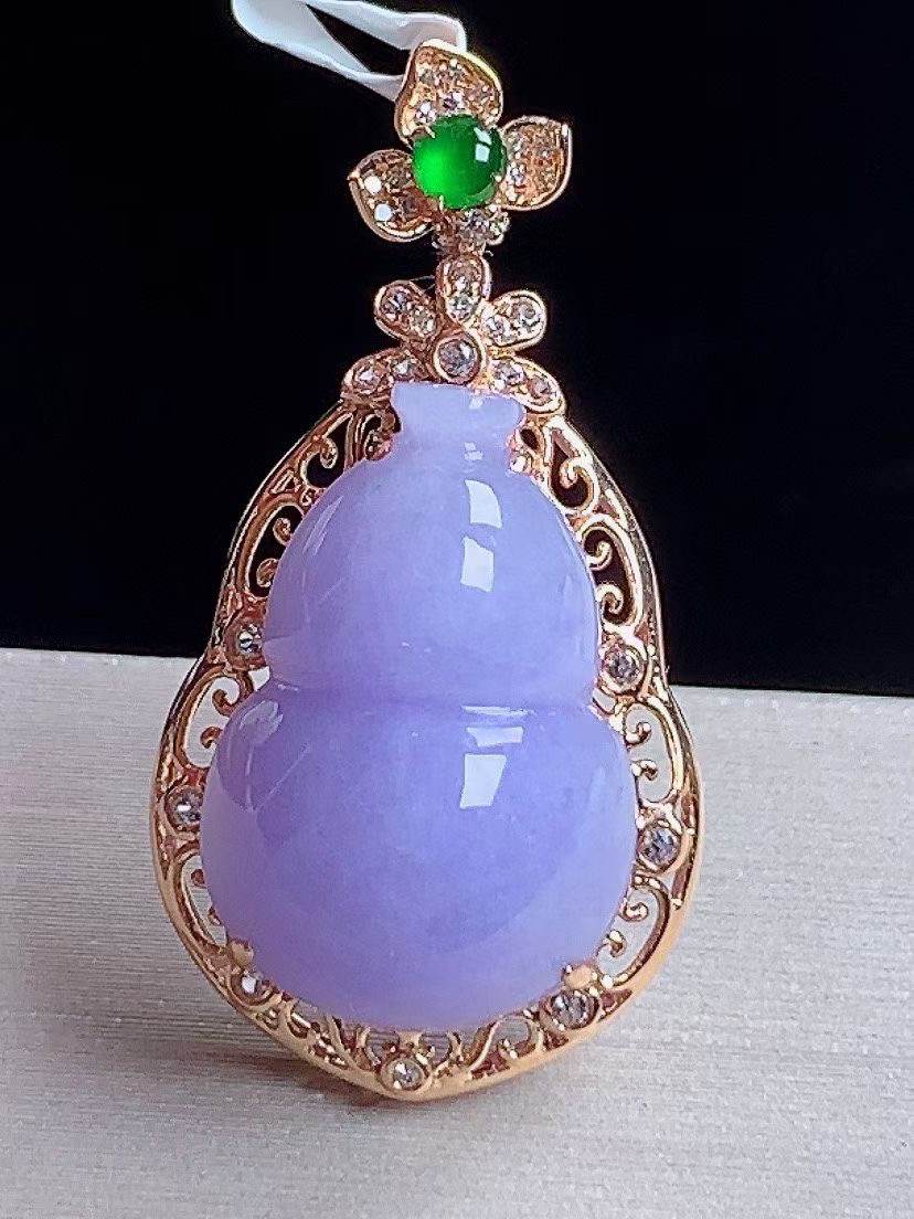 天然缅甸A货翡翠18k金镶妖紫罗兰葫芦吊坠j整体卡32.5/16.8/9.9mm