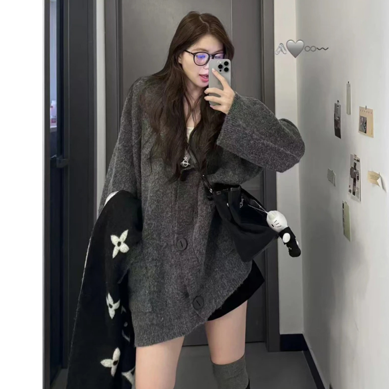 【岁岁专属】秋冬季慵懒风针织开衫2024新款宽松毛衣外套连帽设计感