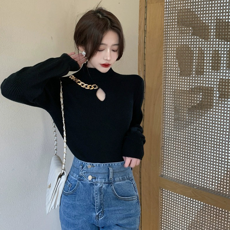 小众设计感半高领显瘦秋冬季新款时尚泡泡袖长袖镂空针织打底上衣