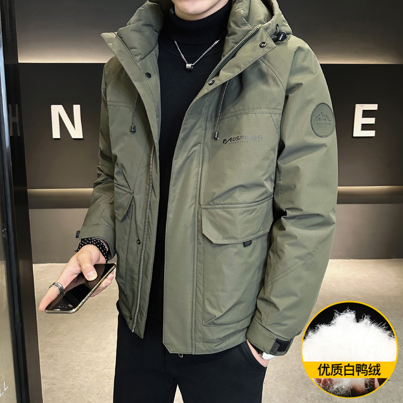 羽绒服！高品质 男士冬季新款户外连帽工装风时尚白鸭绒保暖羽绒服
