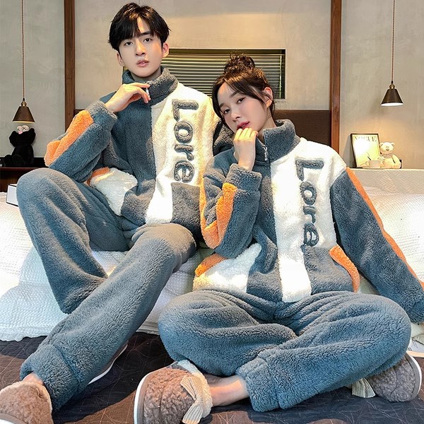 秋冬季珊瑚绒情侣睡衣女士加厚加绒保暖法兰绒男士冬天家居服套装