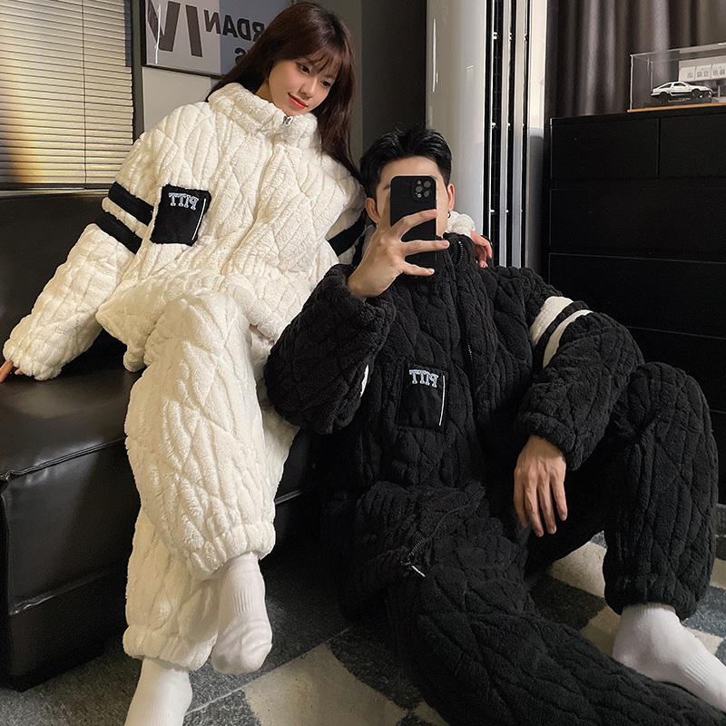 情侣睡衣女冬季珊瑚绒三层夹棉袄加厚加绒大码男士秋冬家居服套装