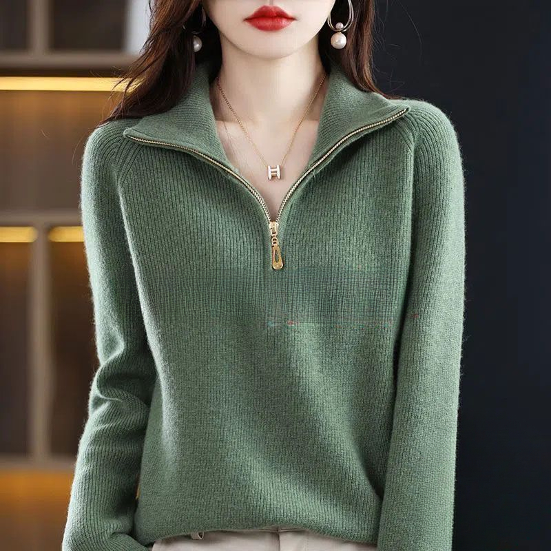 秋冬季新款针织衫女半开拉链高龄套头宽松百搭气质显瘦毛衣女加厚