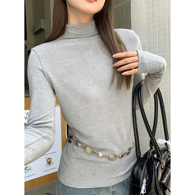 灰色高级感长袖打底小衫T恤女春秋季修身显瘦半高领内搭绝美上衣