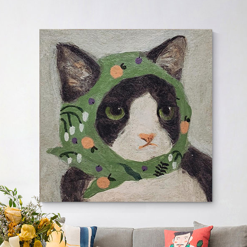 手绘油画宠物猫画玄关装饰画现代简约客厅背景墙抽象大幅挂画