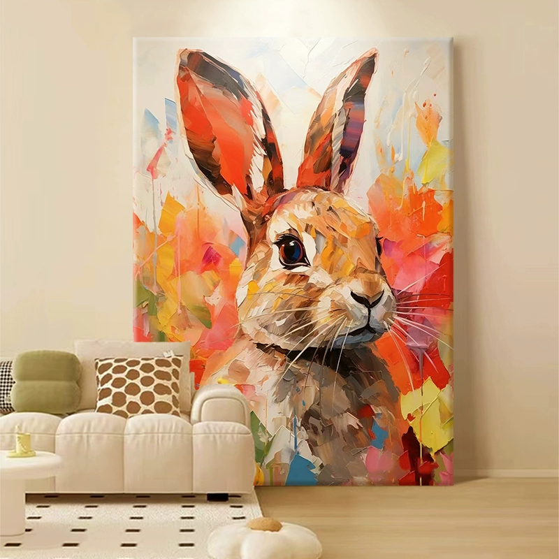 萌宠兔子奶油风手绘油画玄关装饰画彩色抽象动物生肖大幅落地挂画