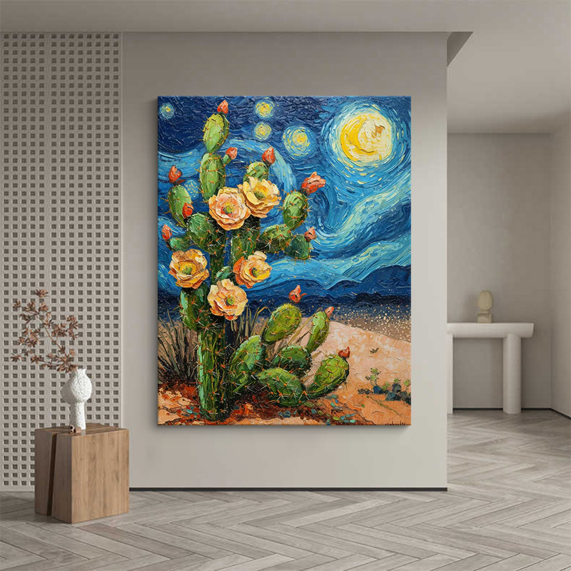 梵高世界名画星空仙人掌花卉客厅背景墙卧室装饰画油画风玄关画