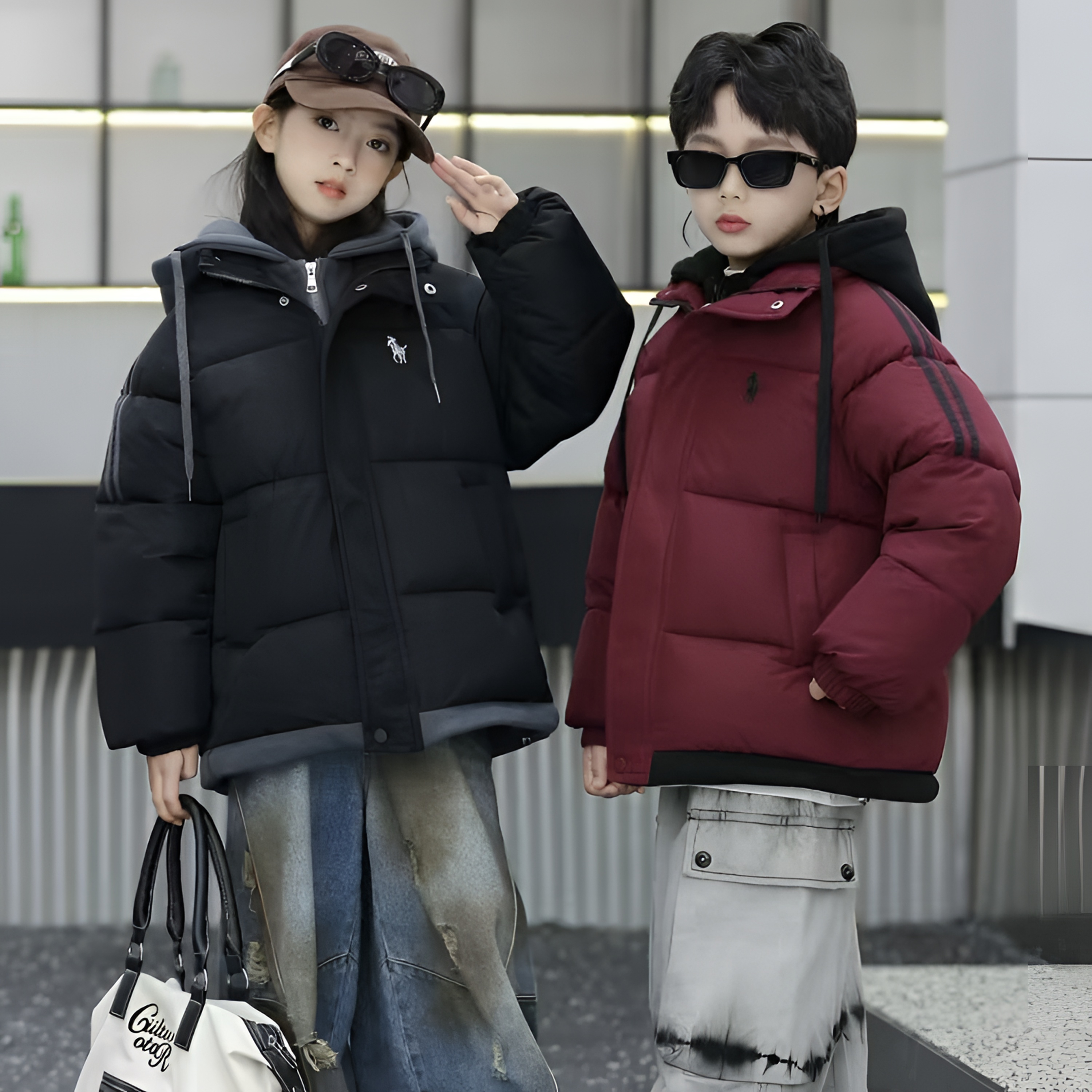 男童女童冬季超厚实一件过冬假两件卫衣连帽安哥拉红儿童保暖棉服