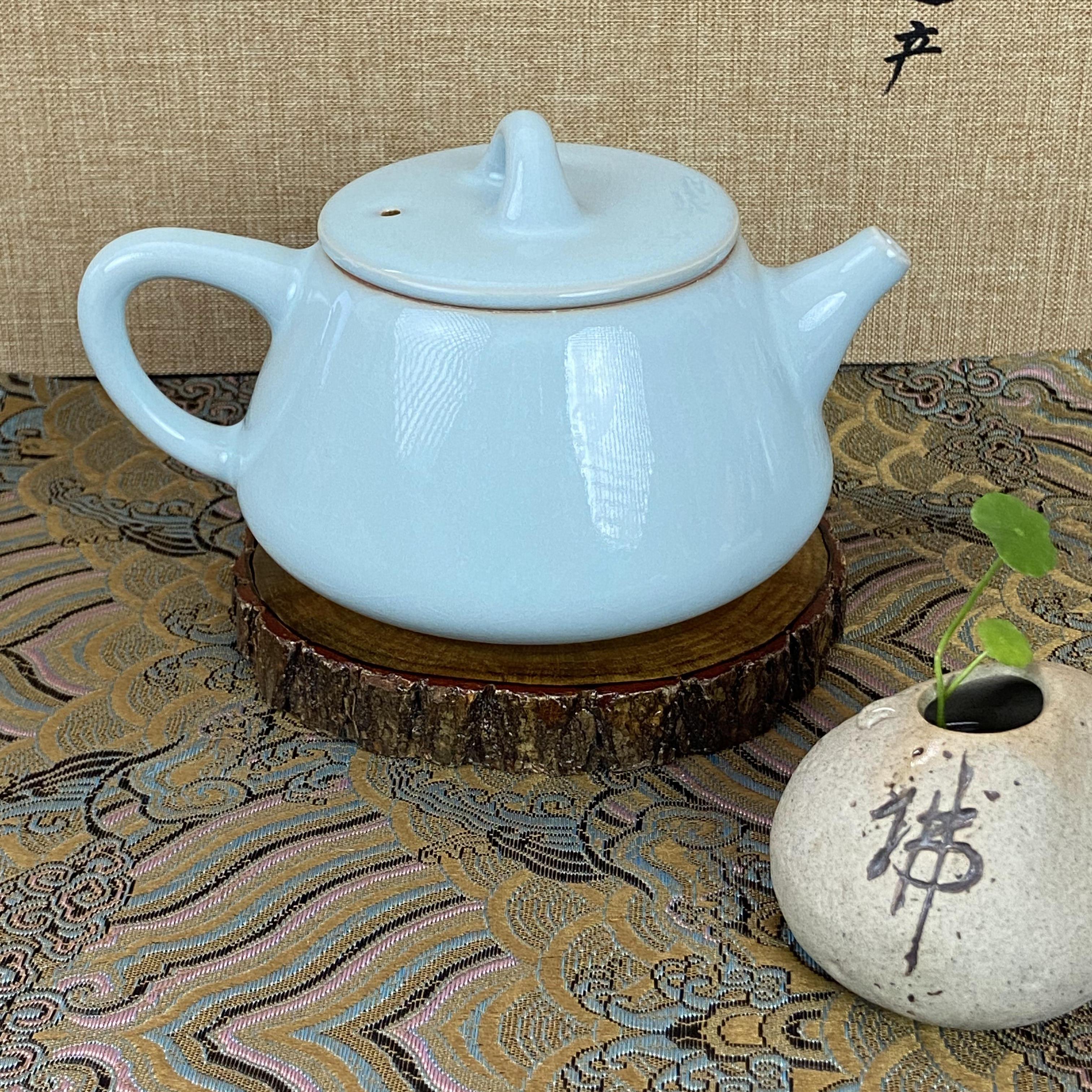 巧匠堂原矿原釉 原产地 天青色釉水 汝瓷 支钉石瓢壶  纯手工