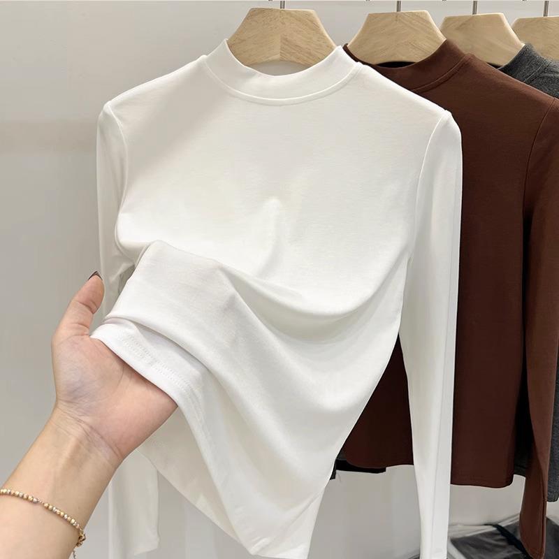 加绒半高领打底衫女内搭秋冬新款白色长袖t恤修身显瘦小立领上衣