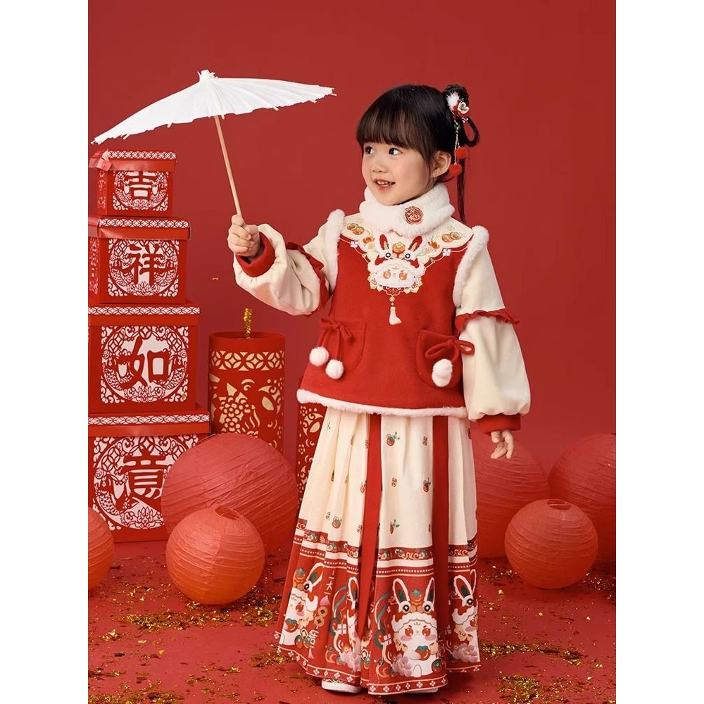 汉服女童冬季套装拜年服新款中国风马面裙儿童古装新年过年服