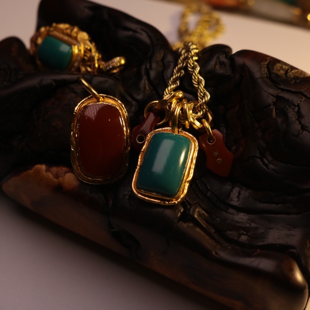 松石南红18k金镶嵌吊坠吊坠侧挂diy