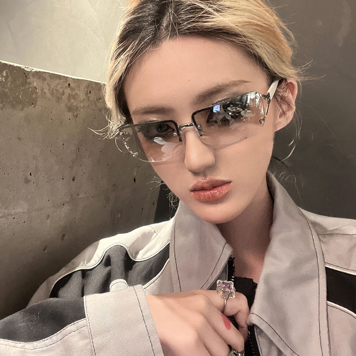 美式镶钻复古年代感茶色墨镜女vintage辣妹拍照无框太阳镜男