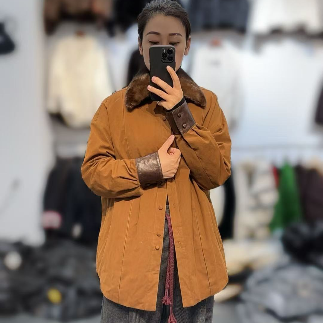 2024海宁新款中长款衬衫鹅绒服水貂毛领拼接油蜡皮羽绒外套