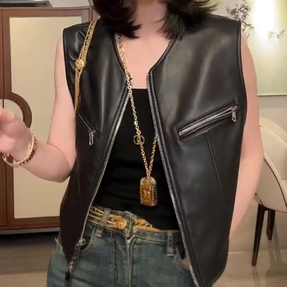 真皮绵羊皮背心皮衣真皮马甲拉链短款时尚百搭短款