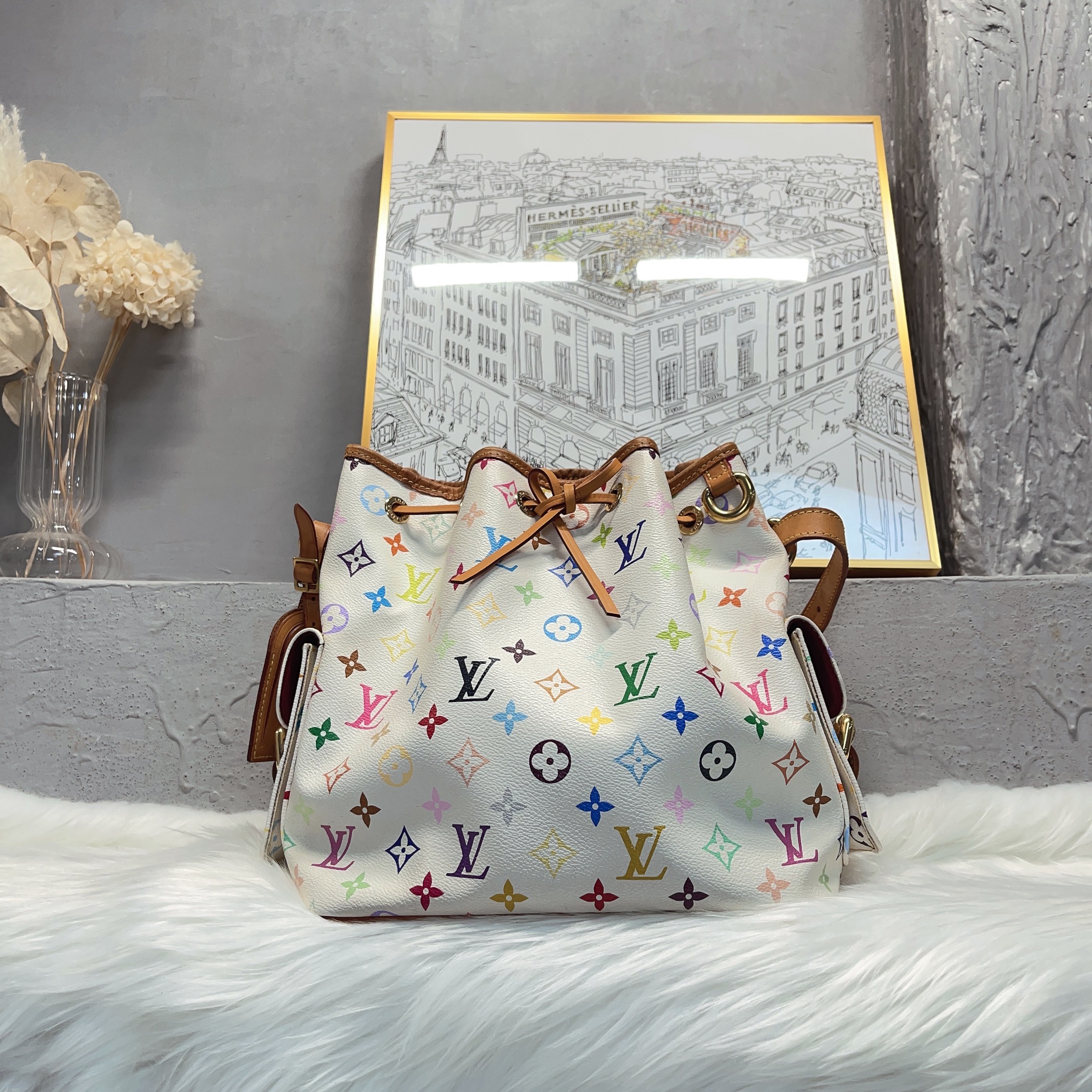 95新 LouisVuitton/路易威登 何为奢侈/LV白三彩 抽绳水桶包 