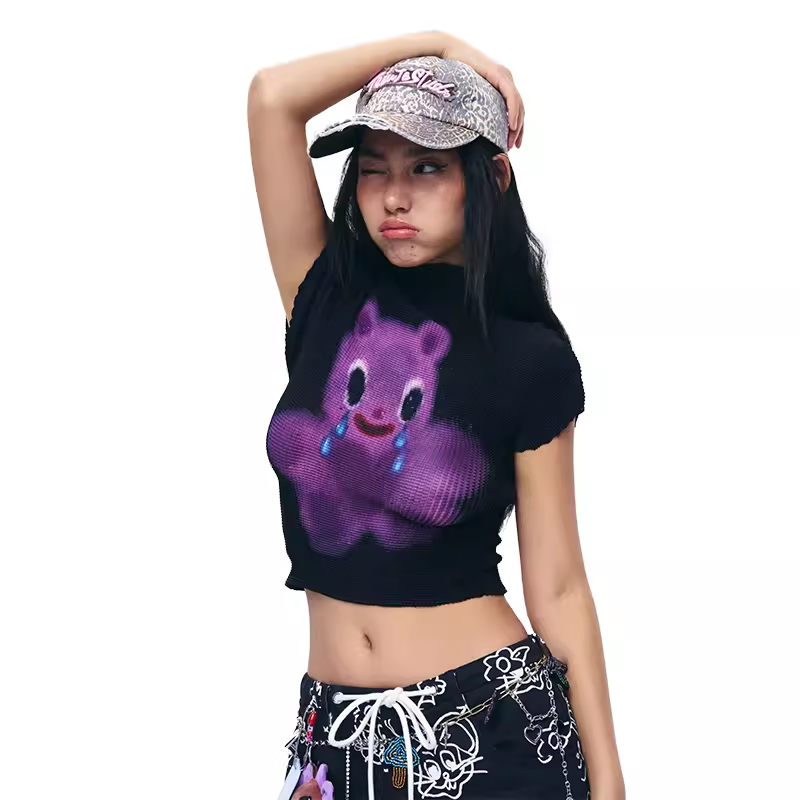 【奥体自播】iscreamcolour MOF 艺术家原创黑底紫色哭泣熊褶皱衫