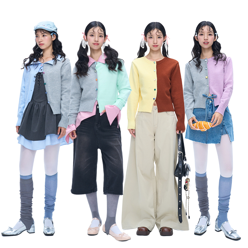 【奥体自播】MOF礼物商店拼色针织彩色半片长袖毛衣开衫miu系穿搭