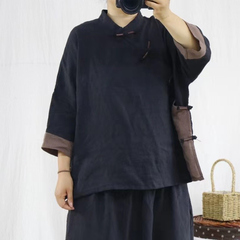 夏亚麻麻衫手工盘扣撞色复古衬衫中袖衫立领宽松复古风