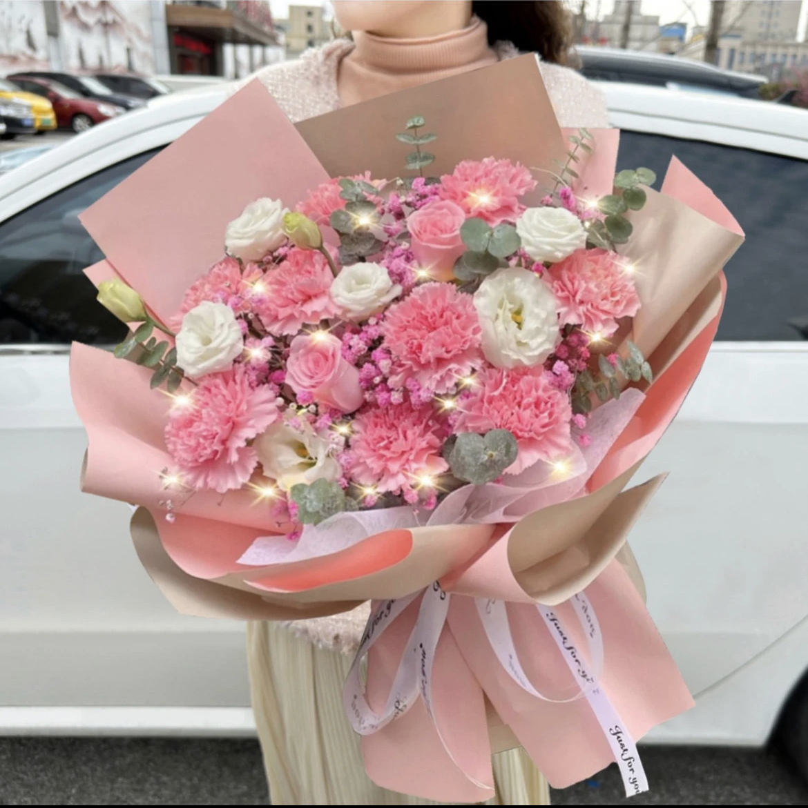 【岁月安好】9朵理想粉康乃馨搭2朵粉玫瑰混搭花束同城鲜花店鲜花送朋友送对象告白生日礼物同城配送上门小时达