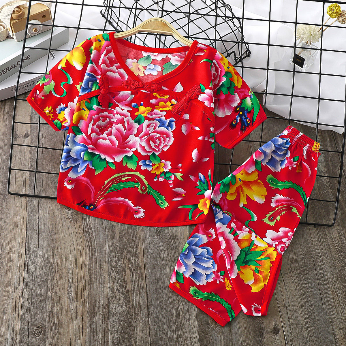 【巴迷】夏季汉服女童空调服睡衣裤套装女宝宝家居服短袖民族风6棉