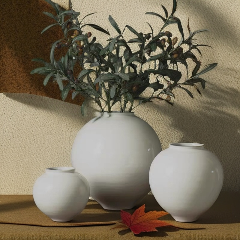 景德镇手工陶瓷创意亮色花瓶白色月亮罐陶艺摆件禅意插花干花装饰