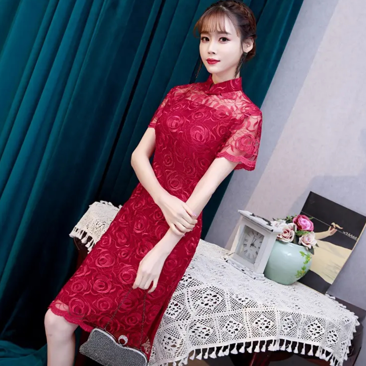 【1359爆款玫瑰绣花红色】网红淑女显瘦中国风旗袍气质