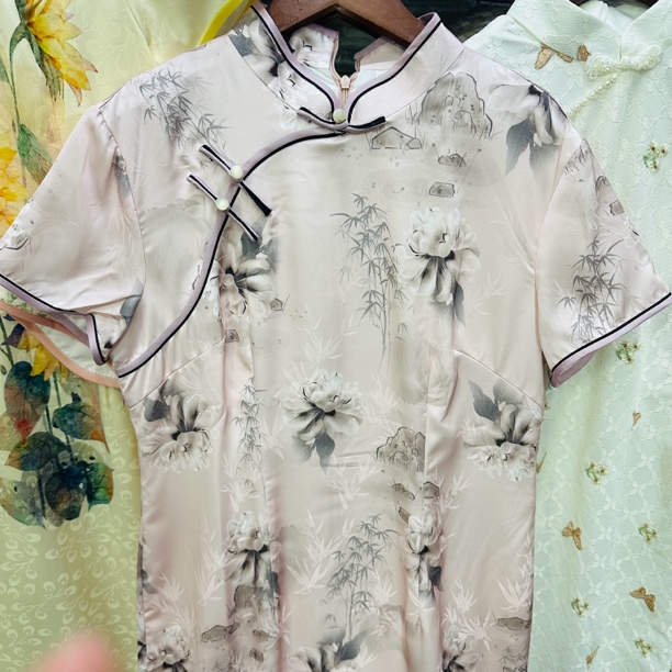 【1236水墨牡丹粉色】气质百搭款淑女显瘦旗袍夏季