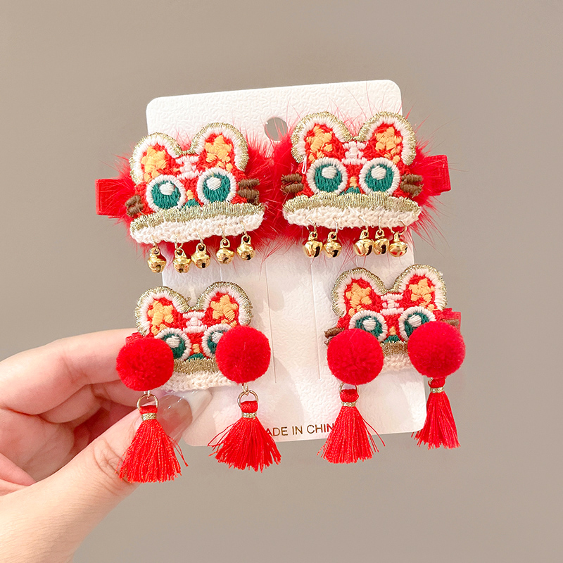 中国风女童头饰毛绒刺绣儿童新年醒狮发夹宝宝发饰过年拜年发卡女