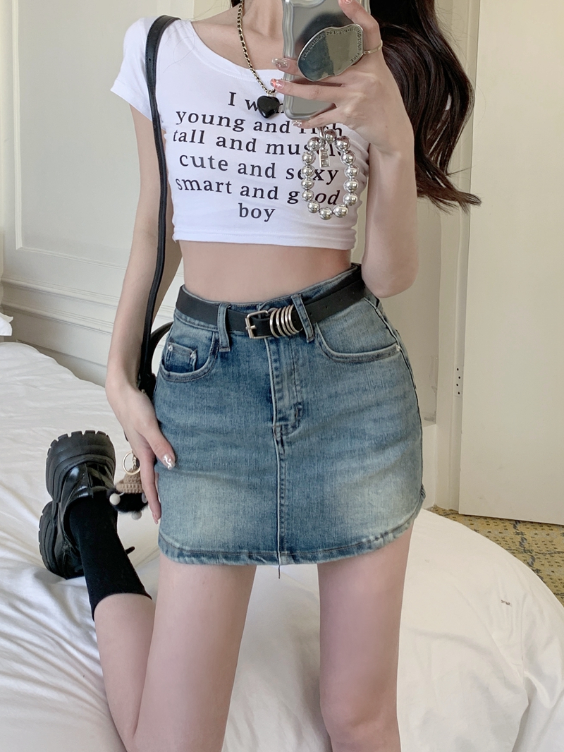 修身高腰夏季A字裙黑色新款弹力牛仔短裙女开叉形裙摆包臀裙