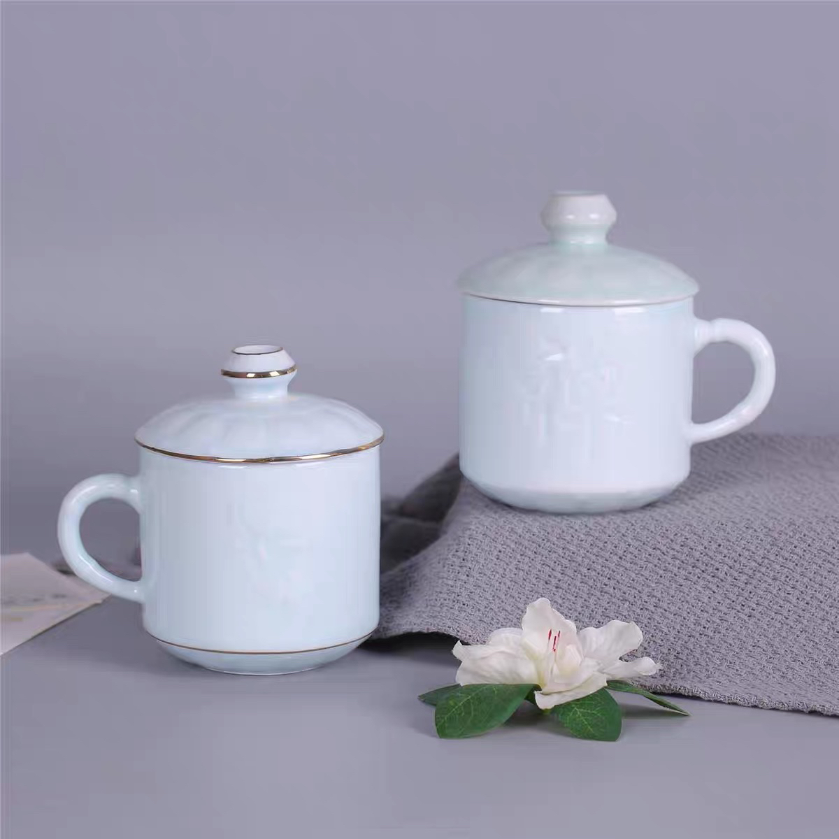 定制景德镇陶瓷办公杯个人杯带盖水杯 青釉浮雕茶杯骨瓷礼品专属L