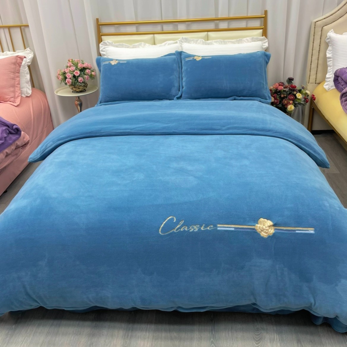 【洋盛家纺】冬季保暖加厚绣花牛奶绒柔软四件套凯洛牛奶绒四件套