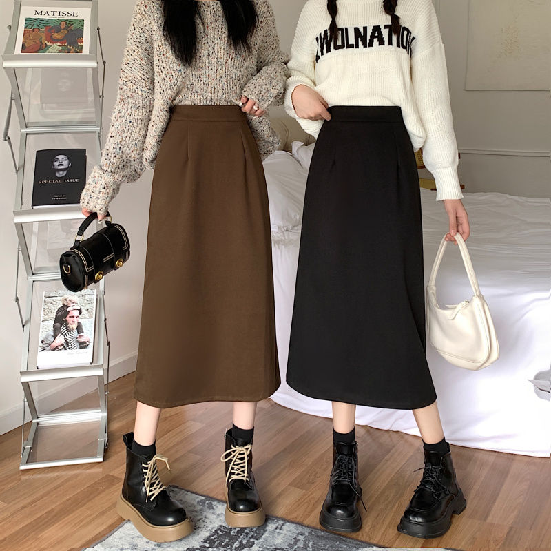 秋冬毛呢半身裙女2023新款裙子显瘦遮胯高腰包臀a字裙开叉中长裙