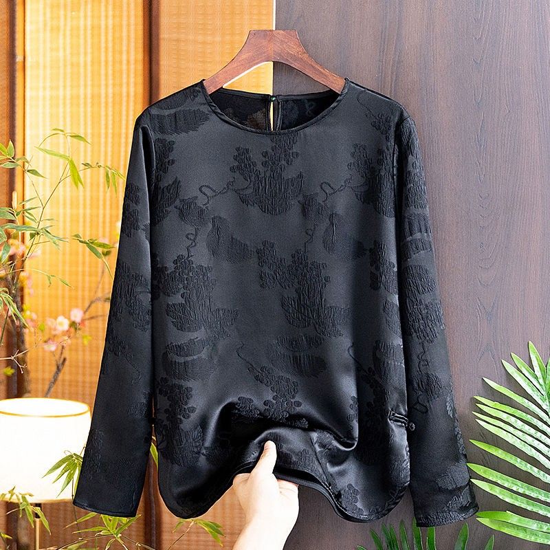 OD国潮复古黑色衬衫女春季洋气中式中国风女装宽松长袖上衣女