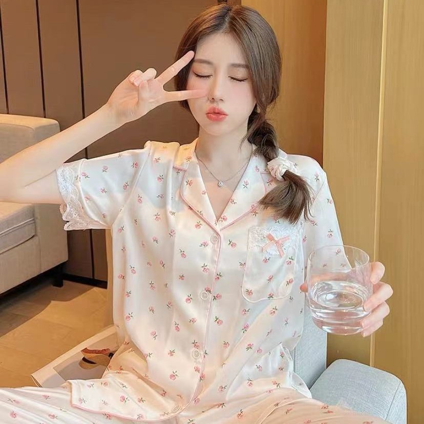 睡衣女夏天冰丝冰雪丝三件套短袖短裤长裤ins风可爱可外穿417