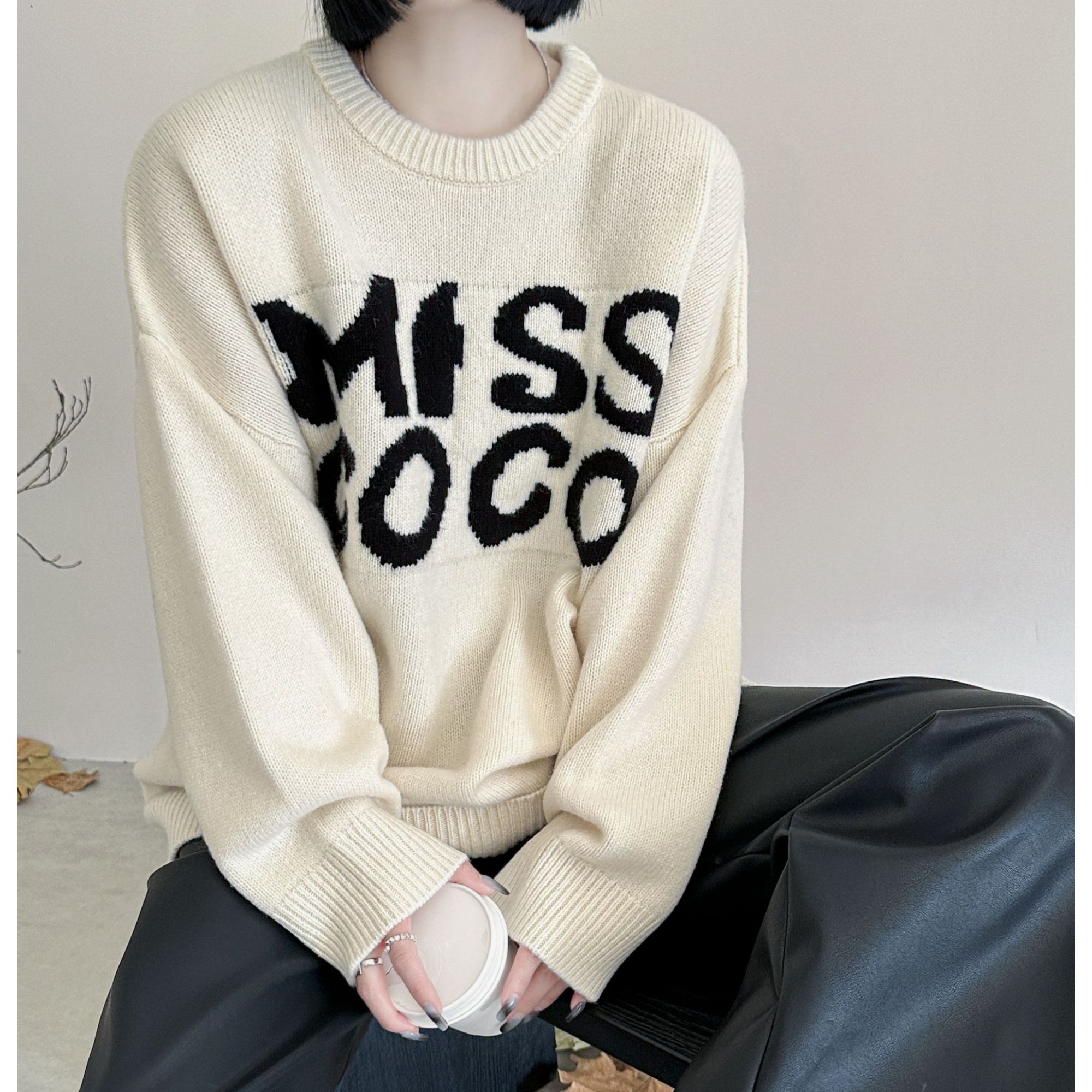 【反季清仓】100%绵羊毛 冬季套头中长款字母羊毛衫宽松大版毛衣