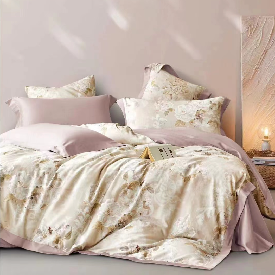 C7124 纯棉100s匹马棉数码印花四件套 采薇灰200*230轻奢软装时尚