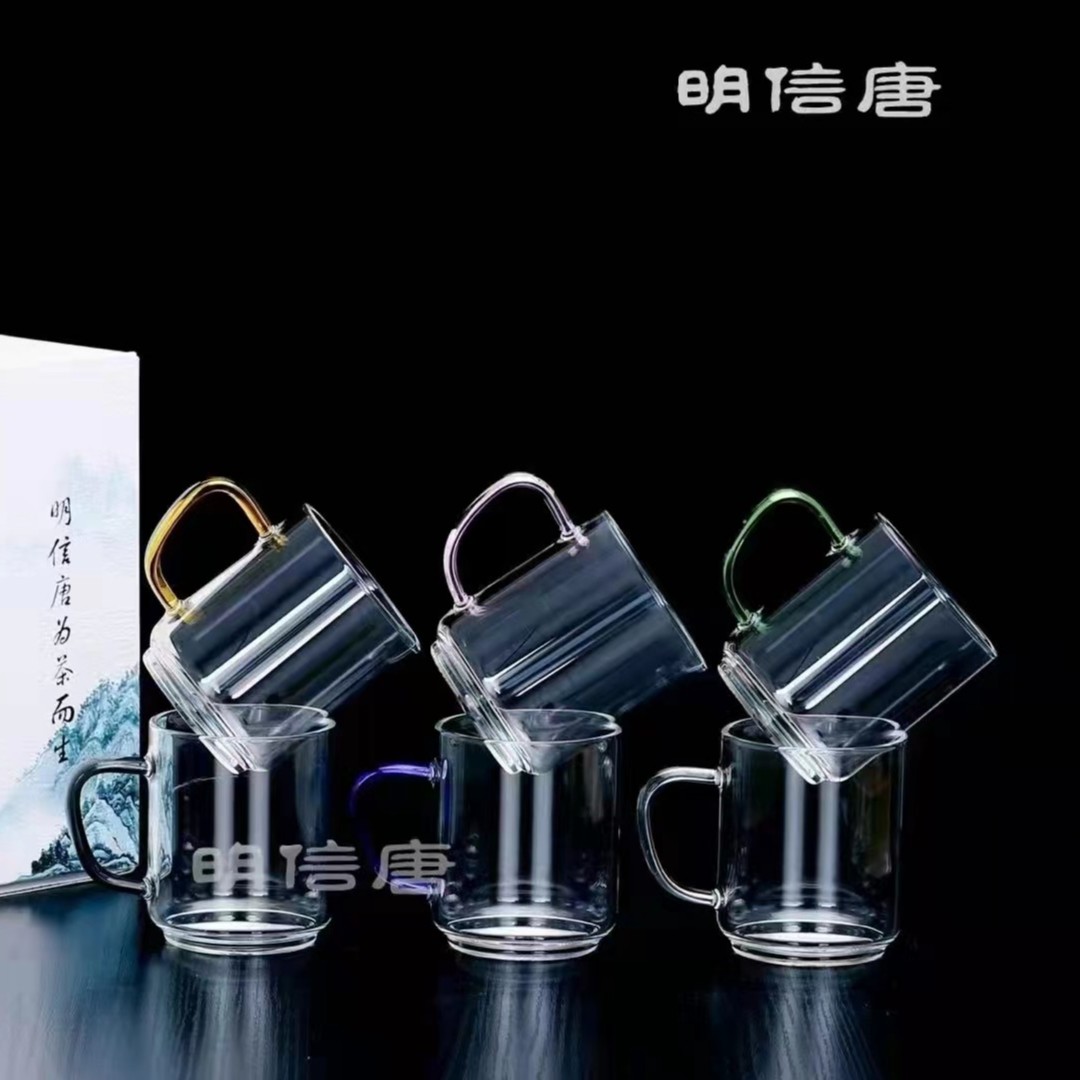 明信唐六色混装玻璃杯小杯子家用耐热玻璃彩把功夫茶具家庭喝水杯