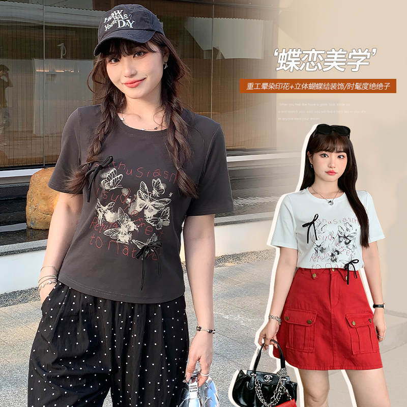 美式复古蝴蝶字母印花短袖T恤女夏季大码微胖mm正肩显瘦上衣62954